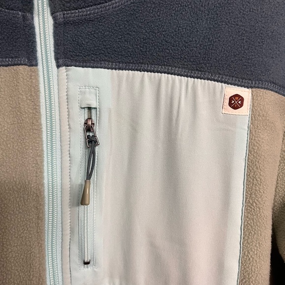 Blue and Green Zip Up Sweater with Modern Color-Blocked Design - Picture 3 of 6